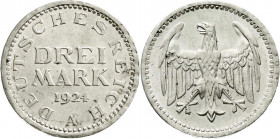 Weimarer Republik
Kursmünzen
3 Mark, Silber 1924-1925
1924 A. fast Stempelglanz. Jaeger 312.