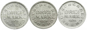 Weimarer Republik
Kursmünzen
3 Mark, Silber 1924-1925
3 Stück: 1924 A, D, E. vorzüglich bis fast Stempelglanz. Jaeger 312.