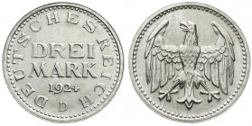 Weimarer Republik
Kursmünzen
3 Mark, Silber 1924-1925
1924 D. fast Stempelglanz, Prachtexemplar. Jaeger 312.