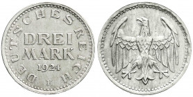 Weimarer Republik
Kursmünzen
3 Mark, Silber 1924-1925
1924 E. vorzüglich/Stempelglanz, übl. prägebed. Randunebenheiten. Jaeger 312.