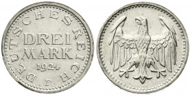 Weimarer Republik
Kursmünzen
3 Mark, Silber 1924-1925
1924 F. fast Stempelglanz, Prachtexemplar. Jaeger 312.