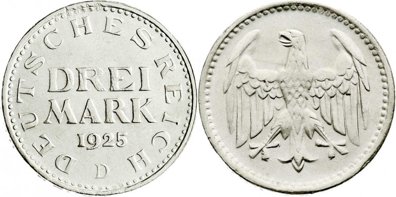 Weimarer Republik
Kursmünzen
3 Mark, Silber 1924-1925
1925 D. Stempelglanz, S...