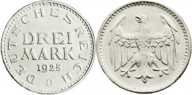 Weimarer Republik
Kursmünzen
3 Mark, Silber 1924-1925
1925 D. Stempelglanz, Stempelfehler, sehr selten in dieser Erhaltung. Jaeger 312.