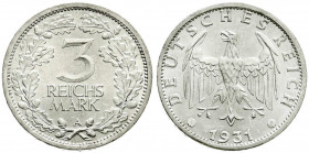 Weimarer Republik
Kursmünzen
3 Reichsmark, Silber 1931-1933
1931 A. prägefrisch, kl. Kratzer. Jaeger 349.