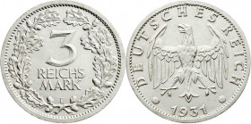 Weimarer Republik
Kursmünzen
3 Reichsmark, Silber 1931-1933
1931 E. vorzüglich/Stempelglanz. Jaeger 349.