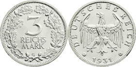 Weimarer Republik
Kursmünzen
3 Reichsmark, Silber 1931-1933
1931 G. fast Stempelglanz, min. Randfehler, sehr selten in dieser Erhaltung. Jaeger 349...