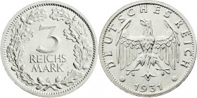 Weimarer Republik
Kursmünzen
3 Reichsmark, Silber 1931-1933
1931 G. vorzüglich/Stempelglanz, selten. Jaeger 349.