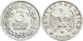 Weimarer Republik
Kursmünzen
3 Reichsmark, Silber 1931-1933
1932 A. fast Stempelglanz. Jaeger 349.