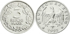 Weimarer Republik
Kursmünzen
3 Reichsmark, Silber 1931-1933
1932 D. vorzüglich/Stempelglanz. Jaeger 349.