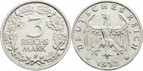 Weimarer Republik
Kursmünzen
3 Reichsmark, Silber 1931-1933
1932 F. vorzüglich/Stempelglanz, selten. Jaeger 349.