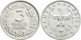 Weimarer Republik
Kursmünzen
3 Reichsmark, Silber 1931-1933
1932 F. vorzüglich/Stempelglanz, selten. Jaeger 349.