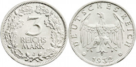 Weimarer Republik
Kursmünzen
3 Reichsmark, Silber 1931-1933
1932 J. vorzüglich/Stempelglanz. Jaeger 349.