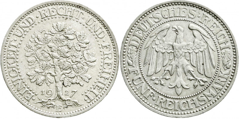 Weimarer Republik
Kursmünzen
5 Reichsmark Eichbaum Silber 1927-1933
1927 E. s...
