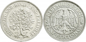 Weimarer Republik
Kursmünzen
5 Reichsmark Eichbaum Silber 1927-1933
1927 E. sehr schön/vorzüglich. Jaeger 331.