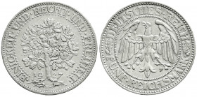 Weimarer Republik
Kursmünzen
5 Reichsmark Eichbaum Silber 1927-1933
1927 F. gutes sehr schön, kl. Kratzer. Jaeger 331.
