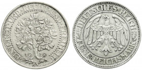 Weimarer Republik
Kursmünzen
5 Reichsmark Eichbaum Silber 1927-1933
1929 A. vorzüglich, Randfehler. Jaeger 331.