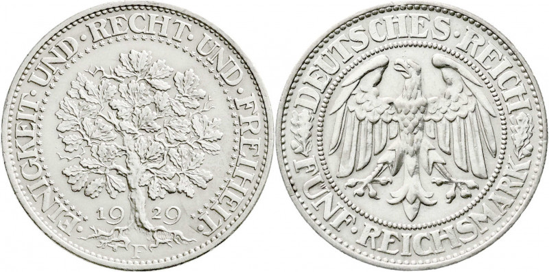 Weimarer Republik
Kursmünzen
5 Reichsmark Eichbaum Silber 1927-1933
1929 F. g...