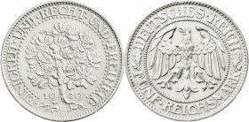 Weimarer Republik
Kursmünzen
5 Reichsmark Eichbaum Silber 1927-1933
1929 F. gutes vorzüglich, kl. Randfehler. Jaeger 331.