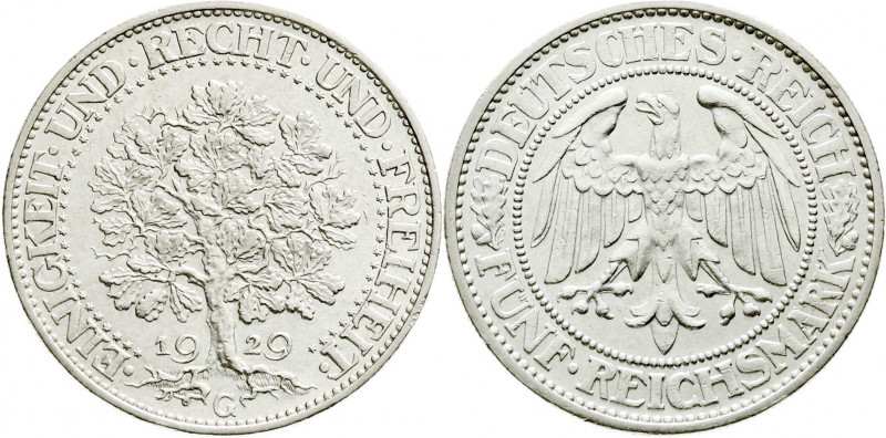 Weimarer Republik
Kursmünzen
5 Reichsmark Eichbaum Silber 1927-1933
1929 G. v...