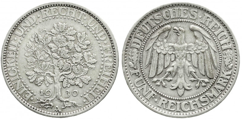 Weimarer Republik
Kursmünzen
5 Reichsmark Eichbaum Silber 1927-1933
1930 A. s...