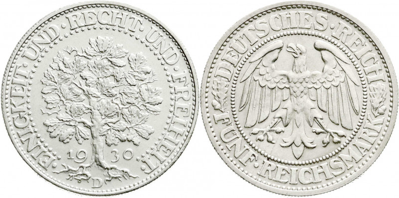 Weimarer Republik
Kursmünzen
5 Reichsmark Eichbaum Silber 1927-1933
1930 D. f...