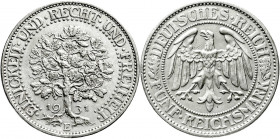 Weimarer Republik
Kursmünzen
5 Reichsmark Eichbaum Silber 1927-1933
1931 E. sehr schön/vorzüglich, kl. Kratzer. Jaeger 331.