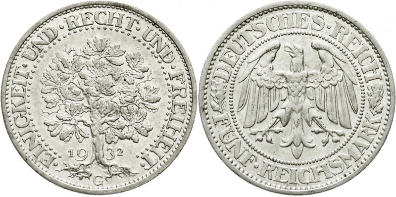 Weimarer Republik
Kursmünzen
5 Reichsmark Eichbaum Silber 1927-1933
1932 G. v...