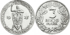 Weimarer Republik
Gedenkmünzen
3 Reichsmark Rheinlande
1925 A. Polierte Platte, berieben und kl. Kratzer. Jaeger 321.