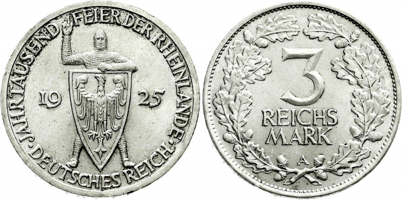 Weimarer Republik
Gedenkmünzen
3 Reichsmark Rheinlande
1925 A. fast Stempelgl...