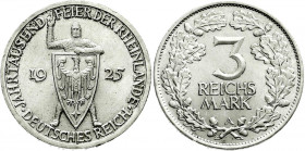 Weimarer Republik
Gedenkmünzen
3 Reichsmark Rheinlande
1925 A. fast Stempelglanz. Jaeger 321.
