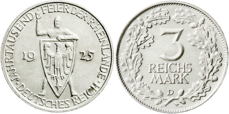 Weimarer Republik
Gedenkmünzen
3 Reichsmark Rheinlande
1925 D. vorzüglich/Ste...