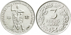 Weimarer Republik
Gedenkmünzen
3 Reichsmark Rheinlande
1925 D. vorzüglich/Stempelglanz. Jaeger 321.