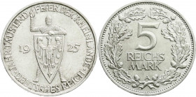 Weimarer Republik
Gedenkmünzen
5 Reichsmark Rheinlande
1925 A. vorzüglich/Stempelglanz. Jaeger 322.