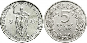 Weimarer Republik
Gedenkmünzen
5 Reichsmark Rheinlande
1925 A. fast Stempelglanz, winz. Kratzer. Jaeger 322.