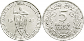 Weimarer Republik
Gedenkmünzen
5 Reichsmark Rheinlande
1925 D. prägefrisch, fast Stempelglanz. Jaeger 322.