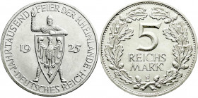 Weimarer Republik
Gedenkmünzen
5 Reichsmark Rheinlande
1925 E. vorzüglich/Stempelglanz. Jaeger 322.