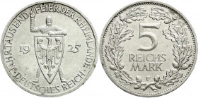 Weimarer Republik
Gedenkmünzen
5 Reichsmark Rheinlande
1925 F. vorzüglich/Stempelglanz. Jaeger 322.