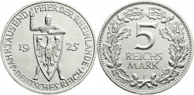 Weimarer Republik
Gedenkmünzen
5 Reichsmark Rheinlande
1925 F. vorzüglich/Stempelglanz. Jaeger 322.