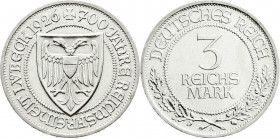 Weimarer Republik
Gedenkmünzen
3 Reichsmark Lübeck
1926 A. vorzüglich, kl. Kratzer. Jaeger 323.