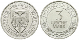 Weimarer Republik
Gedenkmünzen
3 Reichsmark Lübeck
1926 A. vorzüglich, kl. Kratzer. Jaeger 323.