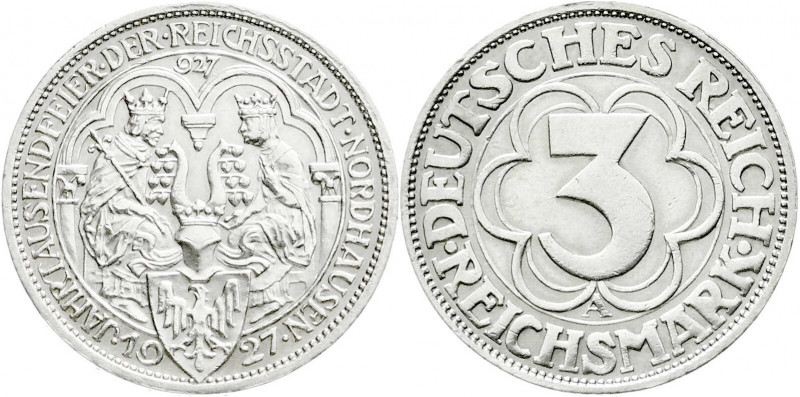 Weimarer Republik
Gedenkmünzen
3 Reichsmark Nordhausen
1927 A. vorzüglich, le...