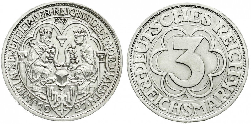 Weimarer Republik
Gedenkmünzen
3 Reichsmark Nordhausen
1927 A. vorzüglich. Ja...