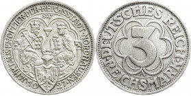 Weimarer Republik
Gedenkmünzen
3 Reichsmark Nordhausen
1927 A. vorzüglich, kl. Randfehler. Jaeger 327.