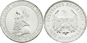 Weimarer Republik
Gedenkmünzen
3 Reichsmark Tübingen
1927 F. prägefrisch/fast Stempelglanz, kl. Randfehler. Jaeger 328.