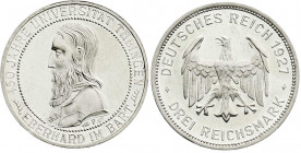 Weimarer Republik
Gedenkmünzen
3 Reichsmark Tübingen
1927 F. vorzüglich/Stempelglanz, aus Polierte Platte, kl. Kratzer. Jaeger 328.