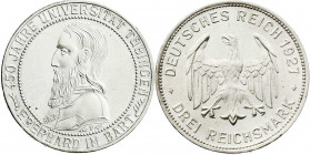 Weimarer Republik
Gedenkmünzen
3 Reichsmark Tübingen
1927 F. vorzüglich/Stempelglanz. Jaeger 328.