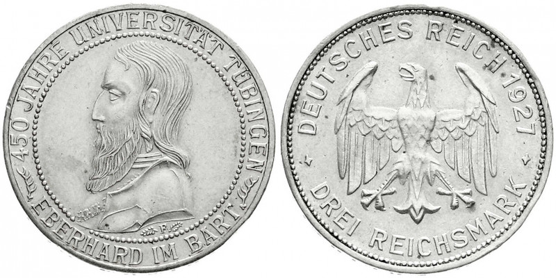 Weimarer Republik
Gedenkmünzen
3 Reichsmark Tübingen
1927 F. vorzüglich, Rand...