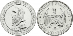 Weimarer Republik
Gedenkmünzen
5 Reichsmark Tübingen
1927 F. gutes vorzüglich, etwas berieben, winz. Randfehler. Jaeger 329.