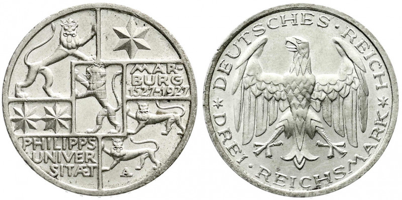 Weimarer Republik
Gedenkmünzen
3 Reichsmark Marburg
1927 A. fast Stempelglanz...