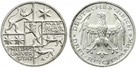 Weimarer Republik
Gedenkmünzen
3 Reichsmark Marburg
1927 A. fast Stempelglanz. Jaeger 330.